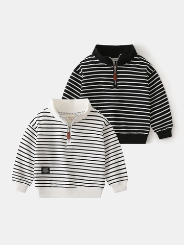 Boys Striped Quarter Zip Sweatshirt Cotton Blend Mock Neck Long Sleeve Pullover For Toddler Kids Casual Fashion Autumn Top
