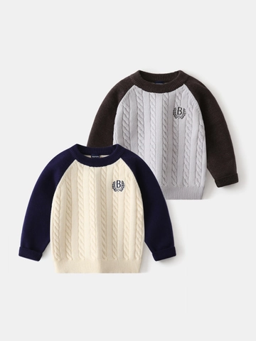 Jongens Kabeltrui Patchwork Raglanmouwen Gebreide Trui Geborduurd Letter Katoenmix Gebreide Top Voor Kinderen Herfst Winter