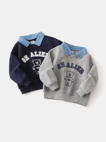 Boys Korean Style Fake Two-Piece Sweatshirt Denim Stitching Collar Cartoon Bear Print Long Sleeve Cotton Blend Pullover