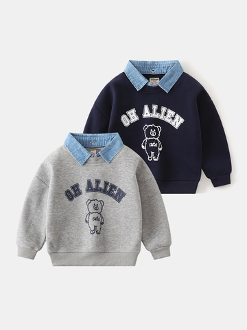 Boys Korean Style Fake Two-Piece Sweatshirt Denim Stitching Collar Cartoon Bear Print Long Sleeve Cotton Blend Pullover