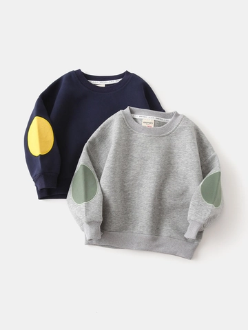Boys Cotton Blend Sweatshirt Crew Neck Long Sleeve Casual Pullover With Contrast Elbow Patch Korean Style Kids Fall Top