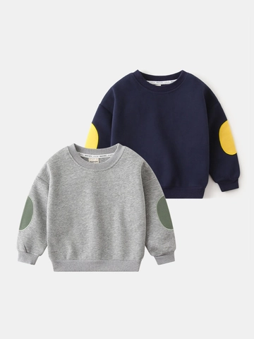 Boys Cotton Blend Sweatshirt Crew Neck Long Sleeve Casual Pullover With Contrast Elbow Patch Korean Style Kids Fall Top