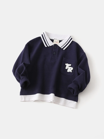 Jongens Lange Mouw Poloshirt Wafelbreisel Nep Tweedelig Patchwork Contrast Revers Top Katoenmix Geborduurd Kinderkleding