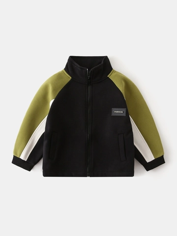 Jongens Fleece Gevoerde Jas Winter Warm Verdikte Kleurblok Rits Hoodie Staande Kraag Sweatshirt Voor Kinderen Baby Mantel