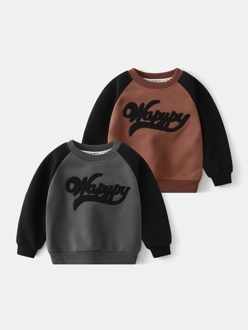 Jongens Fleece Gevoerde Sweatshirt Koreaanse Stijl Contrast Raglanmouw Letter Borduurwerk Pullover Herfst Winter Warm Katoenmix Kinder Top