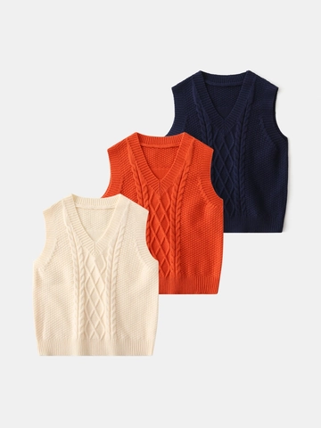 Chaleco de Punto Trenzado con Cuello en V para Niños Color Sólido Jersey sin Mangas para Niños Pequeños Otoño Invierno Casual