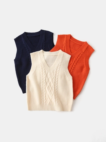 Chaleco de Punto Trenzado con Cuello en V para Niños Color Sólido Jersey sin Mangas para Niños Pequeños Otoño Invierno Casual