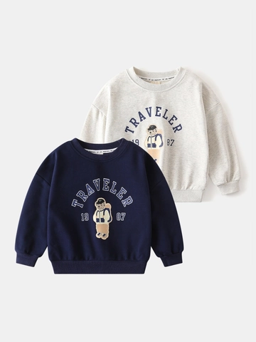 Felpa da Ragazzo in Stile Coreano in Cotone con Orsetto Viaggiatore a Manica Lunga Girocollo Pullover Autunnale per Bambini