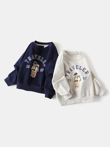 Felpa da Ragazzo in Stile Coreano in Cotone con Orsetto Viaggiatore a Manica Lunga Girocollo Pullover Autunnale per Bambini