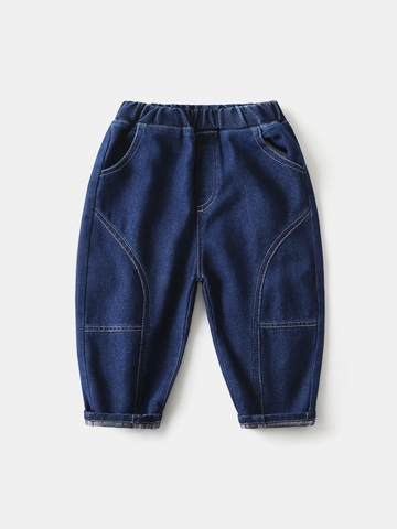 Jeans Patchwork Bleu Indigo Classiques pour Garçons Style Coréen Taille Élastique Pantalons en Denim Souple Printemps Automne