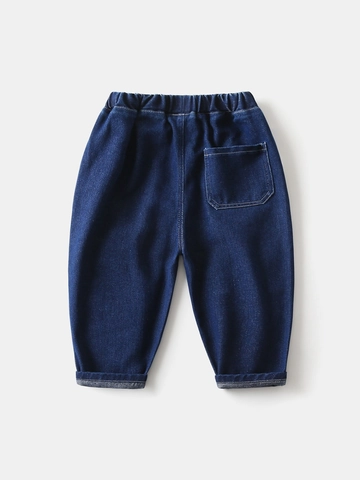Jeans Patchwork Bleu Indigo Classiques pour Garçons Style Coréen Taille Élastique Pantalons en Denim Souple Printemps Automne