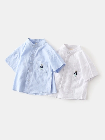 Camicia in Cotone a Manica Corta per Bambino Casual Stile Coreano Collo alla Coreana Top Con Orso Ricamato per Bambini 3-8 Anni