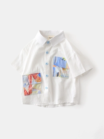 Camicia Casual a Maniche Corte in Cotone da Ragazzo Con Tasche Stampate Artistiche Top Estivo Bianco per Bambini Leggero e Traspirante