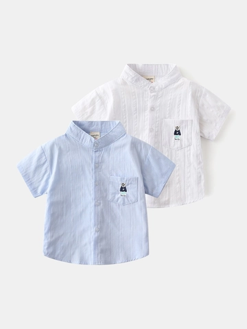 Camicia in Cotone a Manica Corta per Bambino Casual Stile Coreano Collo alla Coreana Top Con Orso Ricamato per Bambini 3-8 Anni