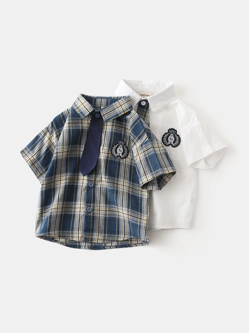 Camicia Estiva in Cotone a Maniche Corte per Ragazzi Casuale a Quadretti Stile Preppy Bianca con Cravatta per Scuola