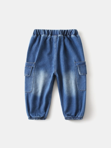 Boys Fashion Cargo Jeans Elastic Waist Cuffed Denim Joggers Cotton Blend Spring Autumn Casual Korean Style Embroidery Pants