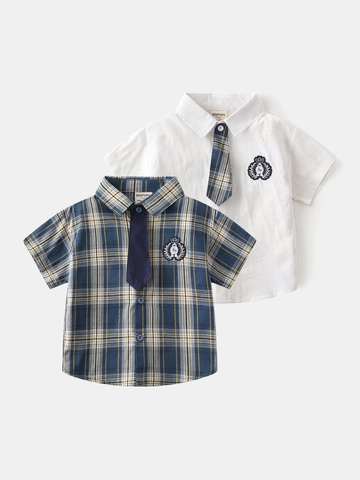 Camicia Estiva in Cotone a Maniche Corte per Ragazzi Casuale a Quadretti Stile Preppy Bianca con Cravatta per Scuola