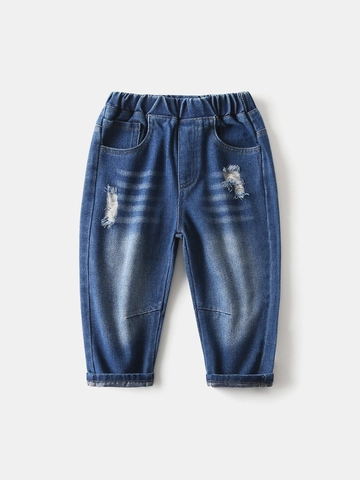 Jungen Distressed Denim Jeans Koreanischer Stil Zerrissene Baumwolle Lässige Lange Hose Elastischer Bund Blau Waschen