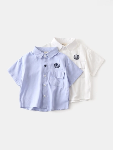 Camicia a Maniche Corte per Ragazzi 100% Cotone Stile Preppy Ricamo Lettera B Tasca con Patta Estiva Casual Bambini