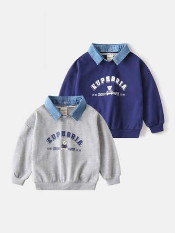 Boys Cotton Blend Fake Two Piece Sweatshirt Denim Collar Cartoon Bear Print Korean Style Casual Long Sleeve Kids Top