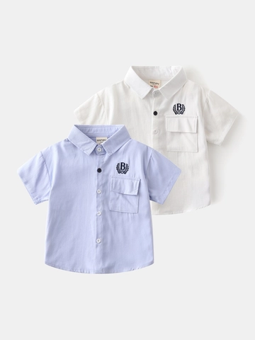 Camicia a Maniche Corte per Ragazzi 100% Cotone Stile Preppy Ricamo Lettera B Tasca con Patta Estiva Casual Bambini