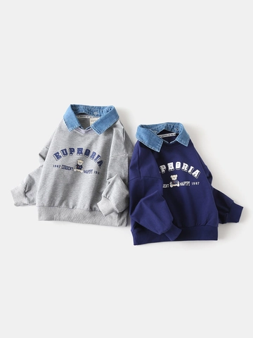 Boys Cotton Blend Fake Two Piece Sweatshirt Denim Collar Cartoon Bear Print Korean Style Casual Long Sleeve Kids Top
