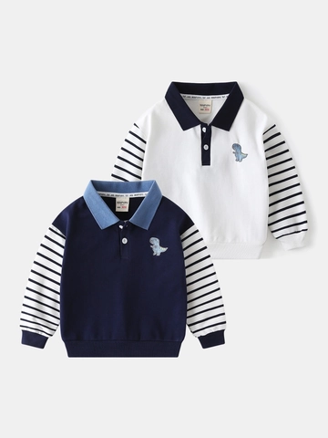 Jongens Lange Mouw Polo Sweatshirt Met Dinosaurus Borduurwerk Gestreepte Mouwen Casual Kinderen Lente Herfst Top