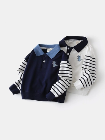 Jongens Lange Mouw Polo Sweatshirt Met Dinosaurus Borduurwerk Gestreepte Mouwen Casual Kinderen Lente Herfst Top