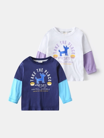 Jongens Katoen Lange Mouw T-Shirt Fake Tweedelig Contrast Kleur Top Casual Cartoon Hond Print Ronde Hals Kinderen Lente