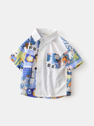 Jongens Mode Katoenen Overhemd Met Korte Mouwen Asymmetrische Patchwork Cartoon Print Casual Zomertops Voor Kinderen