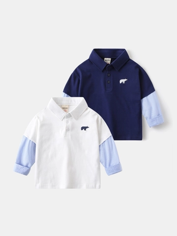 Kids Boys Faux Two-Piece Polo Shirt Cotton Blend Spliced Striped Long Sleeve Korean Style Casual Toddler Bear Embroidery Top