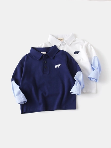 Kids Boys Faux Two-Piece Polo Shirt Cotton Blend Spliced Striped Long Sleeve Korean Style Casual Toddler Bear Embroidery Top