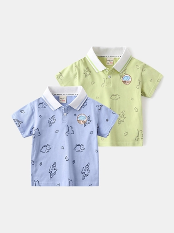 Boys Short Sleeve Polo Shirt Cotton Blend Cartoon Dinosaur Printed Summer Casual Top For Kids Toddler Korean Style