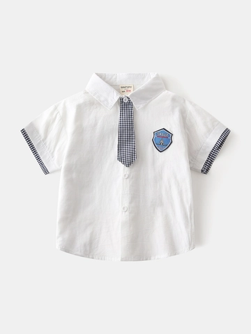 Jungen Weißes Kurzarm Baumwollhemd Im Koreanischen Stil Mit Abnehmbarer Gingham-Krawatte Weltraum-Stickerei Schuloberteil