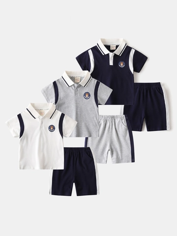 Conjunto de Polo de Algodón Casual y Pantalones Cortos para Niños Verano Manga Corta Colores en Contraste Bordado Oso Ropa