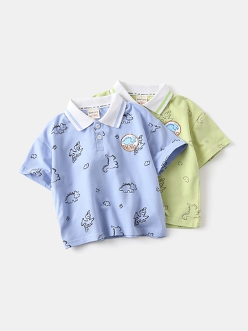 Boys Short Sleeve Polo Shirt Cotton Blend Cartoon Dinosaur Printed Summer Casual Top For Kids Toddler Korean Style