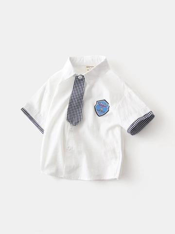 Jungen Weißes Kurzarm Baumwollhemd Im Koreanischen Stil Mit Abnehmbarer Gingham-Krawatte Weltraum-Stickerei Schuloberteil