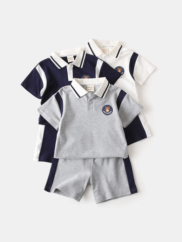 Conjunto de Polo de Algodón Casual y Pantalones Cortos para Niños Verano Manga Corta Colores en Contraste Bordado Oso Ropa