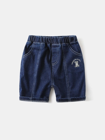 Boys Summer Denim Shorts Dark Blue Soft Cotton Blend Shorts Cartoon Dog Embroidered Elastic Waist Korean Trendy Kids Pants