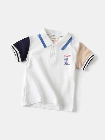 Katoen Kinderen Jongens Poloshirt Korte Mouw Patchwork Top Casual Bedrukt Cartoon Dinosaurus Revers T-Shirt Ademend Zomerkleding