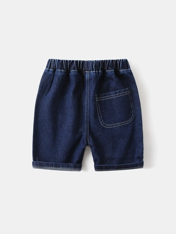 Boys Summer Denim Shorts Dark Blue Soft Cotton Blend Shorts Cartoon Dog Embroidered Elastic Waist Korean Trendy Kids Pants