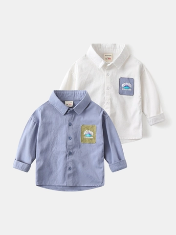 Chemise en Coton à Manches Longues pour Garçons Patch Dinosaure Poche Contrastée Style Coréen Décontracté Chemise pour Enfants Printemps Automne