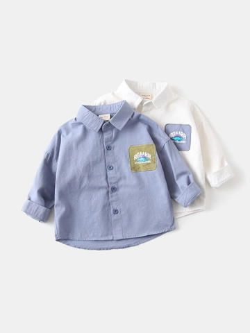 Chemise en Coton à Manches Longues pour Garçons Patch Dinosaure Poche Contrastée Style Coréen Décontracté Chemise pour Enfants Printemps Automne