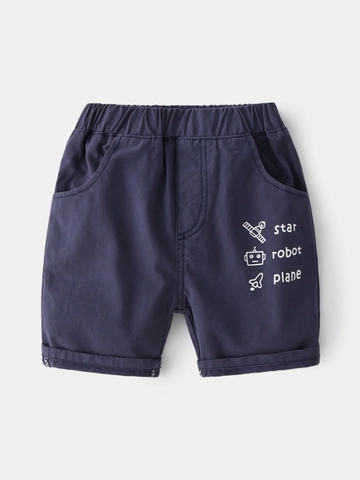 Boys Summer Shorts Cotton Blend Elastic Waist Casual Space Cartoon Print Cuffed Hem Soft Breathable Daily Shorts For Kids