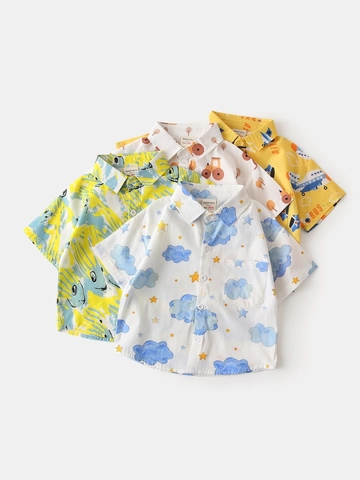 Camisa de Algodón de Manga Corta para Niños Estampado de Avión y Nubes Top Casual de Verano Estilo Coreano