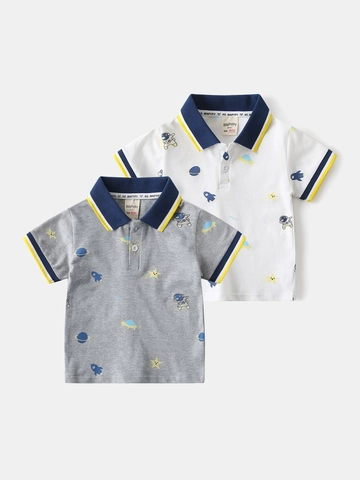 Boys Cotton Blend Polo Shirt Casual Summer Short Sleeve Top Astronaut Space Theme Printed Cartoon Lapel Clothes For Children