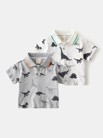 Polo a Maniche Corte da Ragazzo in Misto Cotone con Stampa Dinosauro Cartoon Top Estivo Maglietta Casual con Revers a Contrasto