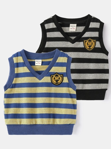 Gilet in Maglia a Righe da Ragazzo Scollo a V Stile Preppy Pullover Senza Maniche Canotta Per Bambini in Misto Cotone Scuola