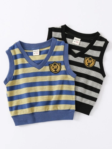 Gilet in Maglia a Righe da Ragazzo Scollo a V Stile Preppy Pullover Senza Maniche Canotta Per Bambini in Misto Cotone Scuola