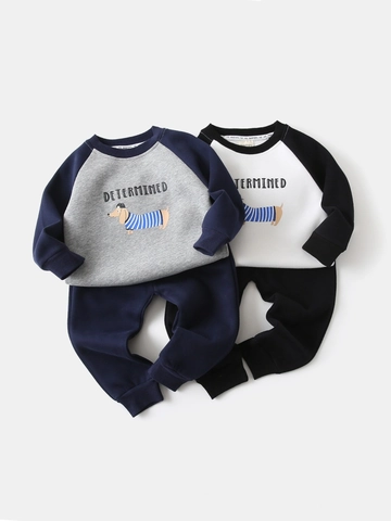 Ensemble Sweat-shirt Sport Décontracté pour Garçons Imprimé Chien Teckel Dessin Animé Manches Raglan Haut et Pantalon